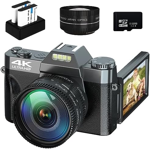 Digital Cameras for Photoggraphy 4K 48MP Vlogging Camera for YouTube with Built-in Fill Light, 16X Digital Zoom, Manual Focus, 52mm Wide Angle Lens & Macro Lens, 32GB TF Card and 2 Batteries