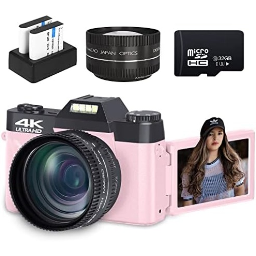 Digital Cameras for Photoggraphy, 4K Vlogging Camera for YouTube with Built-in Fill Light, 16X Digital Zoom, Manual Focus, 52mm Wide Angle Lens & Macro Lens, 32GB TF Card and 2 Batteries Pink