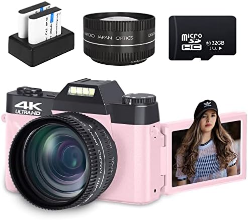 Digital Cameras for Photoggraphy, 4K Vlogging Camera for YouTube with Built-in Fill Light, 16X Digital Zoom, Manual Focus, 52mm Wide Angle Lens & Macro Lens, 32GB TF Card and 2 Batteries Pink