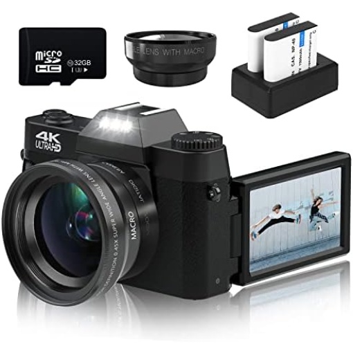 Digital Cameras for Photography, 4K 48MP Vlogging Camera 16X Digital Zoom Manual Focus Rechargeable Students Compact Camera with 52mm Wide-Angle & Macro Lens, 32G TF Card and 2 Batteries