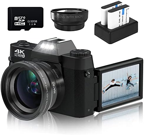 Digital Cameras for Photography, 4K 48MP Vlogging Camera 16X Digital Zoom Manual Focus Rechargeable Students Compact Camera with 52mm Wide-Angle & Macro Lens, 32G TF Card and 2 Batteries