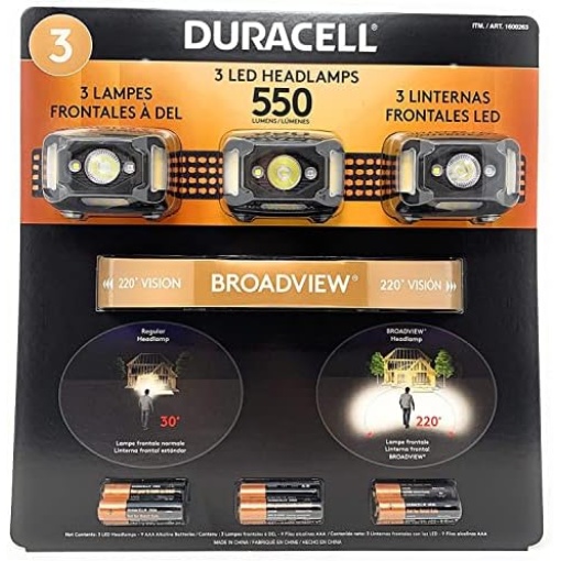 Duracell 1600263/550 Lumens LED Headlamps 3 Pieces / 3 PACK HEADLIGHTS 9 MODES