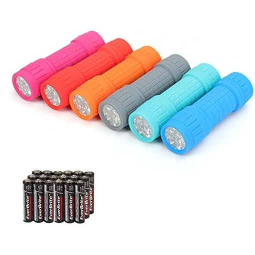 EverBrite 9-LED Flashlight 6-Pack Compact Handheld Torch Assorted Colors with Lanyard 3AAA Battery Included (Hurricane Supplies, Camping)