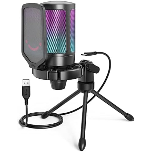 FIFINE Gaming USB Microphone for PC PS5, Condenser Mic with Quick Mute, RGB Indicator, Tripod Stand, Pop Filter, Shock Mount, Gain Control for Streaming Discord Twitch Podcasts Videos- AmpliGame