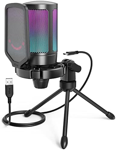 FIFINE Gaming USB Microphone for PC PS5, Condenser Mic with Quick Mute, RGB Indicator, Tripod Stand, Pop Filter, Shock Mount, Gain Control for Streaming Discord Twitch Podcasts Videos- AmpliGame