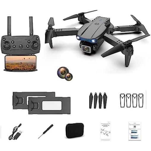 Foldable Drone with Double Camera, 4K Remote Control Quadcopter, Four-Axis Aircraft for Kids or Beginners, with 2 Batteries (Black)