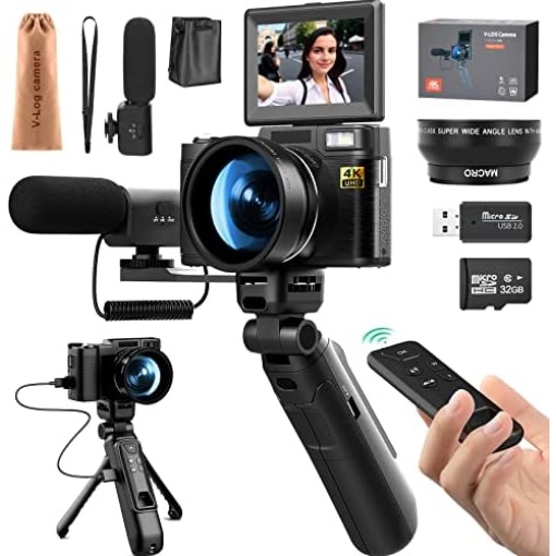 G-Anica 4k Digital Cameras for Photography, 48MP Video/Vlogging Camera for YouTube, Vlogger Kit, Content Creator Kit-Microphone & Remote Control Tripod Grip, Travel Camera with Wide-Angle & Macro len