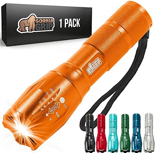 Gorilla Grip LED Tactical Small Flashlight, High Lumens Ultra Bright 5 Adjustable Modes, Powerful Battery Life 750 FT Zoom Flashlights, Water Resistant Camping Car Mini Flash Light Accessories, Orange