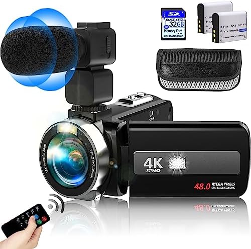 HD 4K Video Camera Camcorder with Microphone, Video Recorder Camera with IR Night Vision Vlogging Camera for YouTube Kids Camcorder with 3" Touch Screen,18X Digital Zoom,2 Batteries and 32G SD Card
