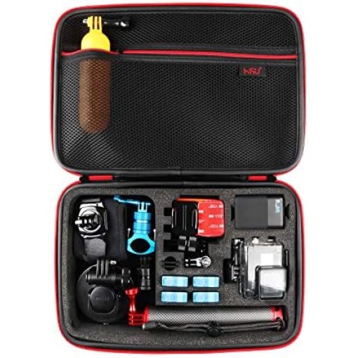 HSU Large Carrying Case for GoPro Hero 12, 11, 10, 9, 8, 7, 6, 5 Black, AKASO Campark and Accessories with Fully Customizable Interior Carry Handle and Carabiner Loop