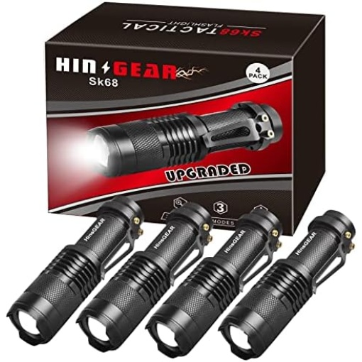 HinsGEAR Mini Flashlights 4 Pack, Super Bright LED Tactical Flashlight with Clip, Aluminum, 3 Modes, Zoomable, Waterproof - Best EDC Flash Light for Gift, Hiking, Camping, Emergency Use