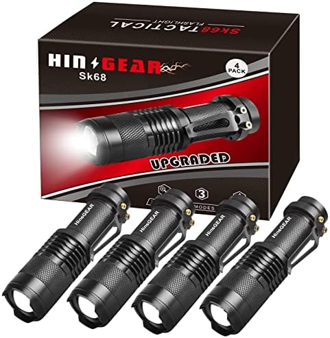 HinsGEAR Mini Flashlights 4 Pack, Super Bright LED Tactical Flashlight with Clip, Aluminum, 3 Modes, Zoomable, Waterproof - Best EDC Flash Light for Gift, Hiking, Camping, Emergency Use