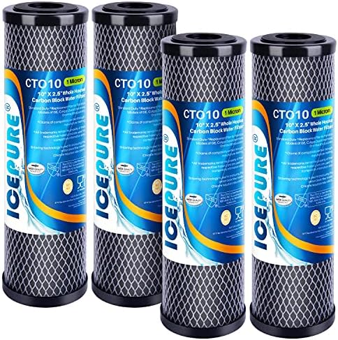 ICEPURE 1 Micron 2.5" x 10" Whole House CTO Carbon Sediment Water Filter Cartridge Compatible with DuPont WFPFC8002, WFPFC9001, SCWH-5, WHCF-WHWC, WHCF-WHWC, FXWTC, CBC-10, RO Unit, Pack of 4