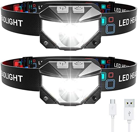 Juninp Headlamp Rechargeable, 2-Pack Head Lamp Outdoor LED Rechargeable, 1100 Lumen Super Bright White Red Light Flashlights, Waterproof, Motion Sensor, 8 Modes, Outdoor Fishing and Camping Headlight