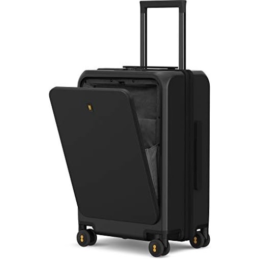 LEVEL8 Road Runner Pro Carry-On Luggage, 20” Lightweight PC Hardside Suitcase with USB Charging Port, Spinner Trolley for Luggage with Front Compartment, TSA Lock (Black)