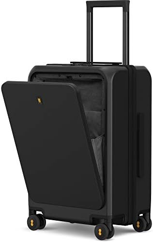 LEVEL8 Road Runner Pro Carry-On Luggage, 20” Lightweight PC Hardside Suitcase with USB Charging Port, Spinner Trolley for Luggage with Front Compartment, TSA Lock (Black)