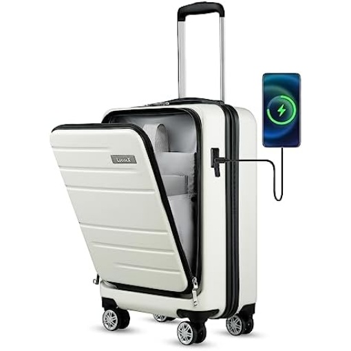 LUGGEX White Carry On Luggage 22x14x9 Airline Approved, PC Hard Shell Luggage with USB Port, Travel Suitcase with Wheels and Pocket Compartment