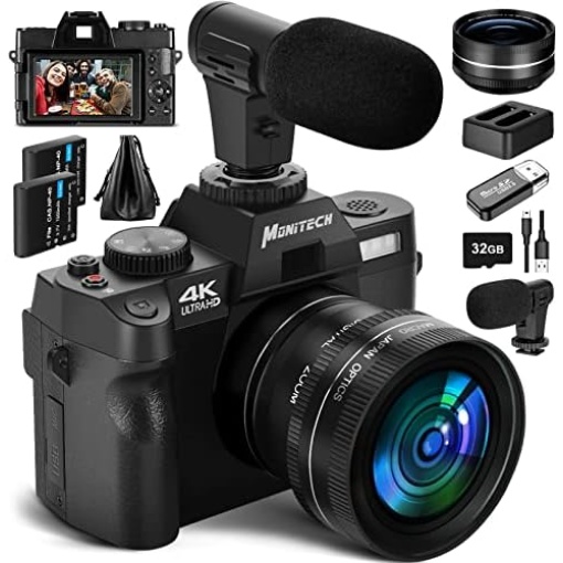 Monitech 4K Digital Camera for Photography, 48MP Vlogging Camera for YouTube and Video,with 180° Flip Screen,16X Digital Zoom,52mm Wide Angle & Macro Lens, 2 Batteries, 32GB TF Card