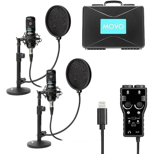 Movo Smartphone Podcast Recording Microphone Kit - 2 Pack Condenser Microphones, 2 Desktop Mic Stands, 2 Pop Filters, 2-Channel XLR Interface with Lightning Output - Compatible with iPhone, iPad, iOS