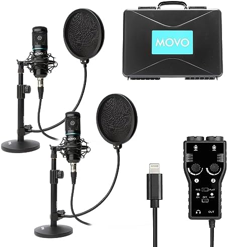 Movo Smartphone Podcast Recording Microphone Kit - 2 Pack Condenser Microphones, 2 Desktop Mic Stands, 2 Pop Filters, 2-Channel XLR Interface with Lightning Output - Compatible with iPhone, iPad, iOS