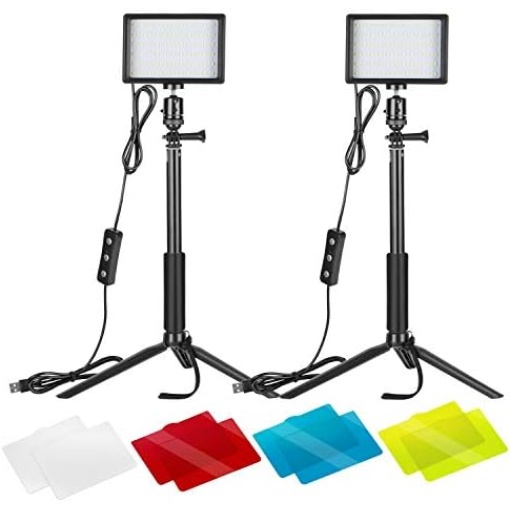 Neewer 2-Pack Dimmable 5600K USB LED Video Light with Adjustable Tripod Stand and Color Filters for Tabletop/Low-Angle Shooting, Zoom/Video Conference Lighting/Game Streaming/YouTube Video Photography