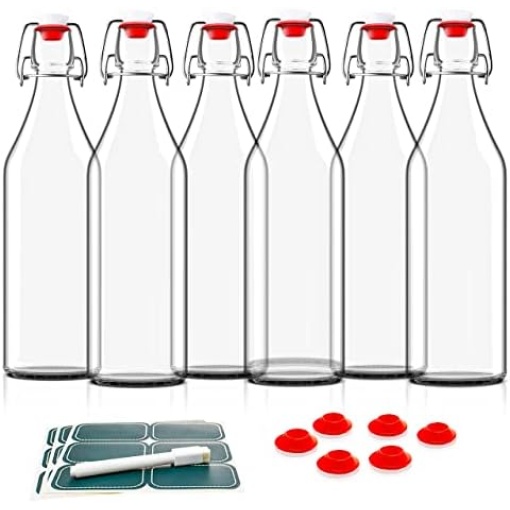 Otis Classic Swing Top Glass Bottles - Set of 6, 16oz w/Marker & Labels - Clear Bottle with Caps for Juice, Water, Kombucha, Wine, Beer Brewing, Kefir Milk or Eggnog