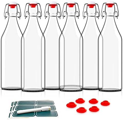 Otis Classic Swing Top Glass Bottles - Set of 6, 16oz w/Marker & Labels - Clear Bottle with Caps for Juice, Water, Kombucha, Wine, Beer Brewing, Kefir Milk or Eggnog