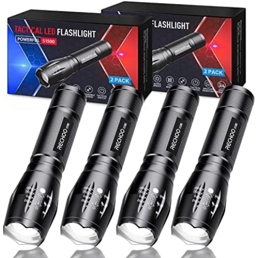 RECHOO Tactical Flashlights 4 Pack, Bright Zoomable LED Flashlights with High Lumens and 5 Modes, Waterproof Portable Pocket Flash Light for Emergency, Camping, and Outdoor Use - S1500