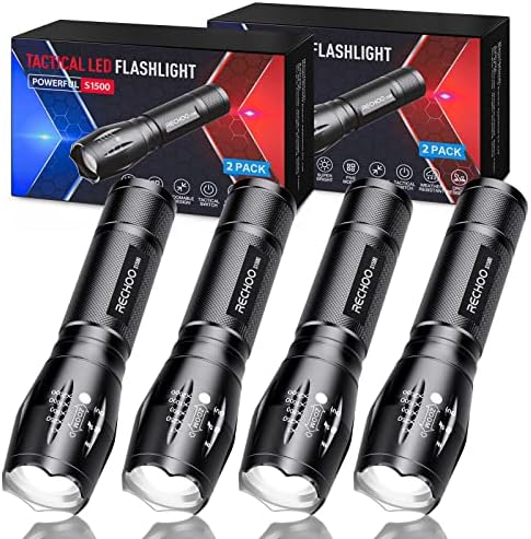 RECHOO Tactical Flashlights 4 Pack, Bright Zoomable LED Flashlights with High Lumens and 5 Modes, Waterproof Portable Pocket Flash Light for Emergency, Camping, and Outdoor Use - S1500