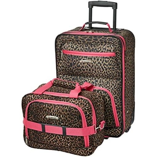 Rockland Fashion Softside Upright Luggage Set, Expandable,Lightweight,Telescopic Handle,Wheel, Pink Leopard, 2-Piece (14/19)