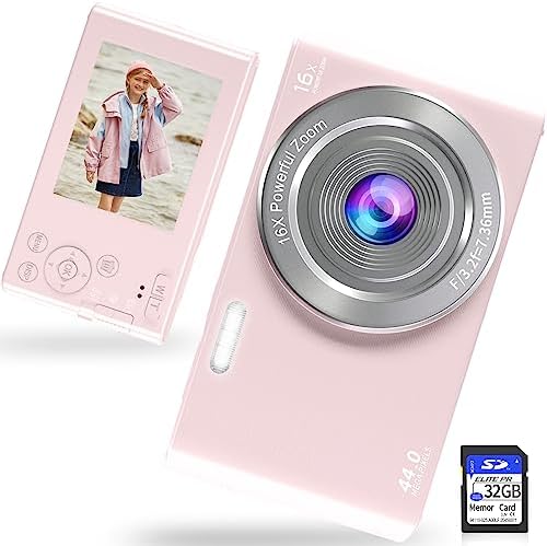 Saneen Digital Camera, FHD 2.7K Cameras for Photography, 44MP Kids Camera Small Compact Digital Camera for Teens, Adults & Beginners with 32GB SD Card, 16X Zoom, Two Rechargeable Batteries-Pink