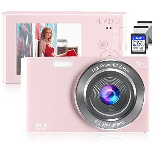 Saneen Digital Camera, FHD 4K & 44MP Kids Video Cameras for Photography with 32GB SD Card 16X Digital Zoom, Compact Point and Shoot Small Camera for Beginners, Kids and Teens-Pink