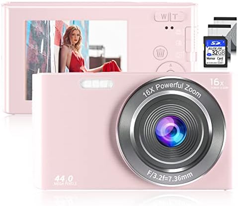 Saneen Digital Camera, FHD 4K & 44MP Kids Video Cameras for Photography with 32GB SD Card 16X Digital Zoom, Compact Point and Shoot Small Camera for Beginners, Kids and Teens-Pink