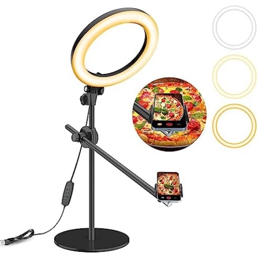 Selfie Ring Light with Stand and Phone Holder,Overhead Phone Mount with 10.5" Ring Lights,Desk Circle Lingt with Tripod Adjustable Shooting Arm for Video Recording,YouTube,TikTok,Live Streaming