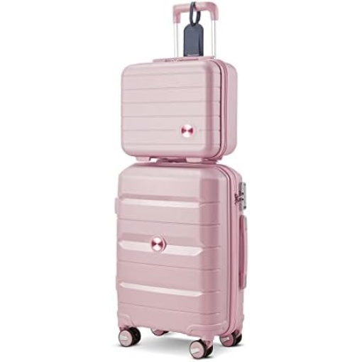 Somago 20IN Carry On Luggage and 14IN Mini Cosmetic Cases Travel Set Hardside Luggage with Spinner Wheels Lightweight Polypropylene Suitcase with TSA Lock (2-Piece Set (14/20), Nude Pink)