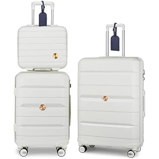 Somago 3 Pieces Luggage Set(14/20/24) PP Lightweight 4 Double 360 Degrees Mute Spinner Wheels Suitcase with TSA Lock & YKK Zipper (Creamy White)