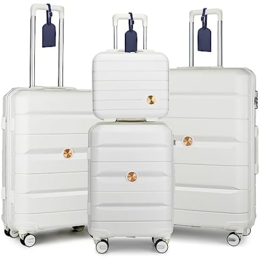 Somago 4 Pieces Luggage Set(14/20/24/28) PP Lightweight 4 Double Rolling Wheels Suitcase With TSA Lock & YKK Zipper Bussiness Trip (Creamy White)