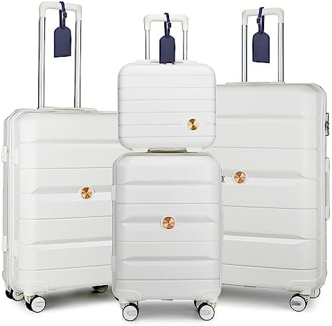 Somago 4 Pieces Luggage Set(14/20/24/28) PP Lightweight 4 Double Rolling Wheels Suitcase With TSA Lock & YKK Zipper Bussiness Trip (Creamy White)