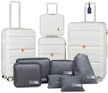 Somago Luggage Sets 3 Piece Spinner Hardside PP Suitcase with TSA Lock 4 Piece Set with 6 Set Packing Cubes for Travel (Creamy White)