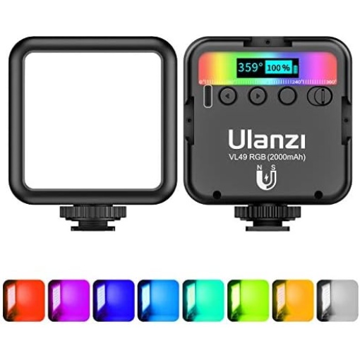 ULANZI VL49 RGB Video Lights, LED Camera Light 360° Full Color Portable Photography Lighting w 3 Cold Shoe, 2000mAh Rechargeable CRI 95+ 2500-9000K Dimmable Panel Lamp Support Magnetic Attraction