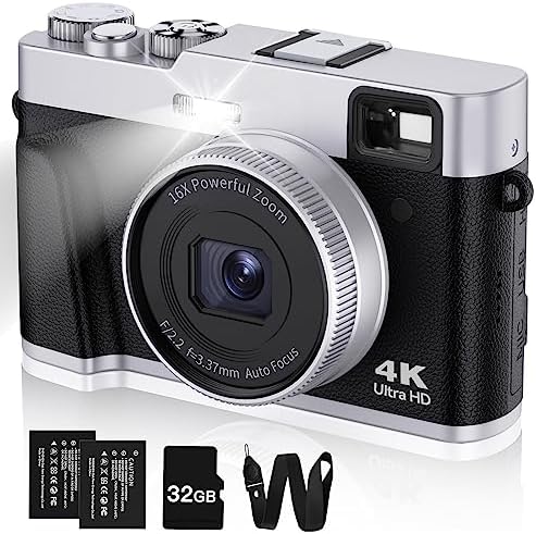 Upgraded 4K Digital Camera with Viewfinder Flash & Dial, 48MP Digital Camera for Photography and Video Autofocus Anti-Shake, Travel Portable Camera with SD Card 2 Batteries, 16X Zoom Vlogging Camera