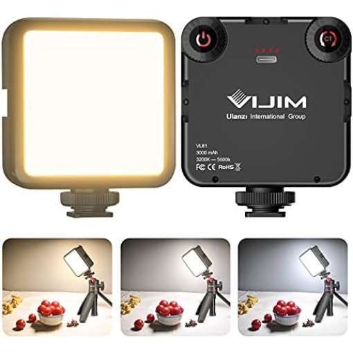 VIJIM LED Video Light, VL81 On Camera Light with 3 Cold Shoe Rechargeable 3000mAh Battery Bicolor Dimmable 3200K-5600K CRI95+ Portable Photography Photo Lighting Panel for YouTube DSLR Camcorder Vlog