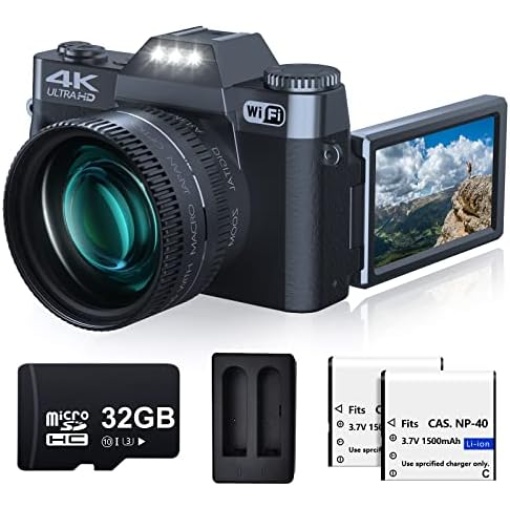 VJIANGER 4K Digital Camera 48MP WiFi Vlogging Camera for YouTube with 180° Flip Screen, 16X Digital Zoom, 52mm Wide Angle & Macro Lens, 2 Batteries, 32GB TF Card(W02 Black4)