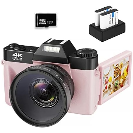 VJIANGER 4K Vlogging Camera for YouTube 48MP Digital Camera for Photography and Video with Flip Screen, Manualfocus, 16X Digital Zoom, 52mm Wide Angle & MacroLens, 32GB TF Card, 2 Batteries(Pink)