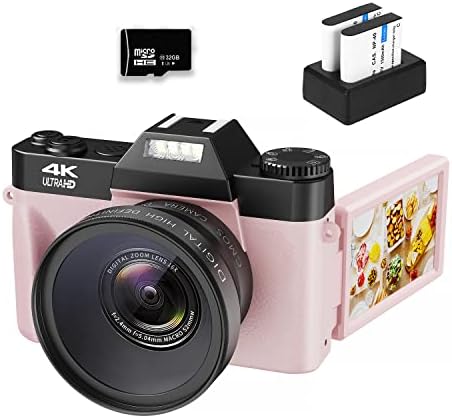 VJIANGER 4K Vlogging Camera for YouTube 48MP Digital Camera for Photography and Video with Flip Screen, Manualfocus, 16X Digital Zoom, 52mm Wide Angle & MacroLens, 32GB TF Card, 2 Batteries(Pink)