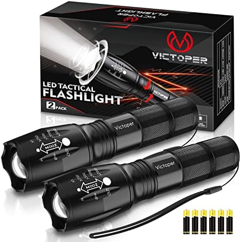 Victoper LED Flashlight 2 Pack, Bright 2000 Lumens Tactical Flashlights High Lumens with 5 Modes, Waterproof Focus Zoomable Flash Light, Portable Flashlight for Camping Hiking Outdoor Home Emergency