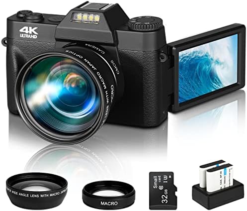 Vlogging Camera, Acoletty 4K 48MP Digital Cameras for Photography, 16X Digital Zoom, 52mm Wide Angle Lens, Macro Lens, 2 Batteries & Charging Stand, 32GB TF Card, 3.0" IPS 30FPS 180°Flip Screen Black