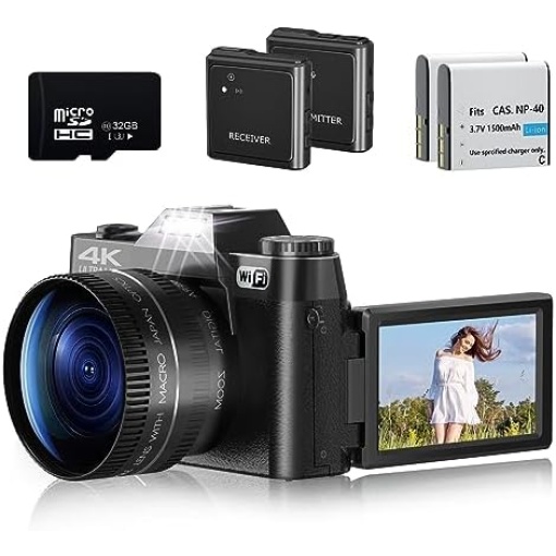 Vlogging Camera for YouTube 4K Digital Camera for Photography 48MP with WiFi 3-inch 180-degree Flip Screen, 16X Digital Zoom, 52mm Wide Angle & Macro Lens, 32GB TF Card and 2 Batteries(Black)