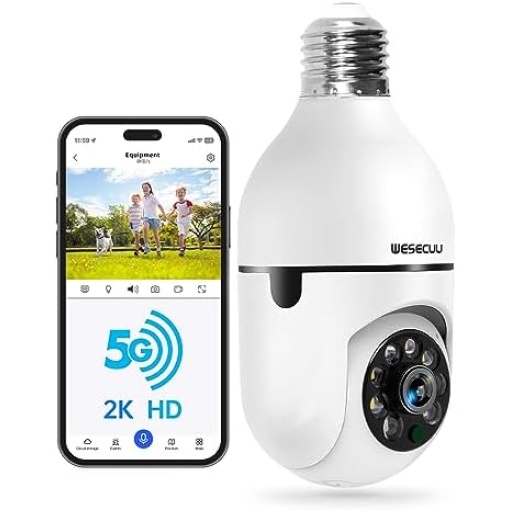 WESECUU Light Bulb Security Camera -5G& 2.4GHz WiFi 2K Security Cameras Wireless Outdoor Motion Detection and Alarm,Two-Way Audio,Color Night Vision,Human Tracking, Bulb Camera Compatible with Alexa