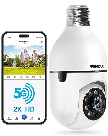 WESECUU Light Bulb Security Camera -5G& 2.4GHz WiFi 2K Security Cameras Wireless Outdoor Motion Detection and Alarm,Two-Way Audio,Color Night Vision,Human Tracking, Bulb Camera Compatible with Alexa